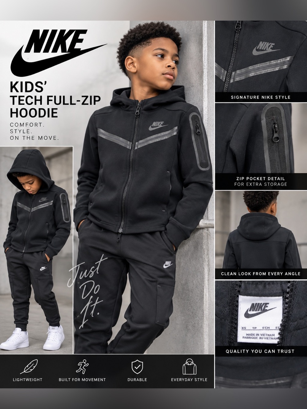 Nike Kids Black Full-Zip Hooded Sweatshirt with Gray Accents boys size XS
